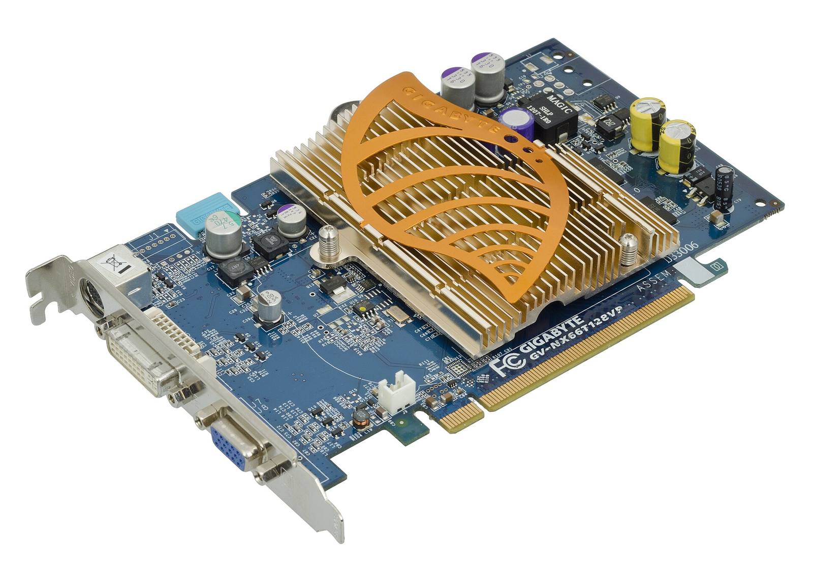 Graphics card with a copper heatsink and fan shroud on a blue circuit board